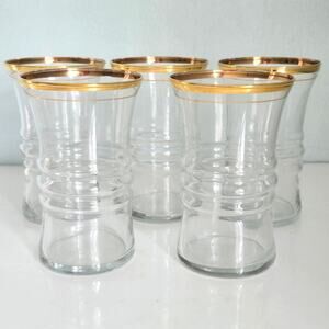 Vintage Anchor Hocking Drinking Glass Mid Century Ring Design Gold Band Set of 5